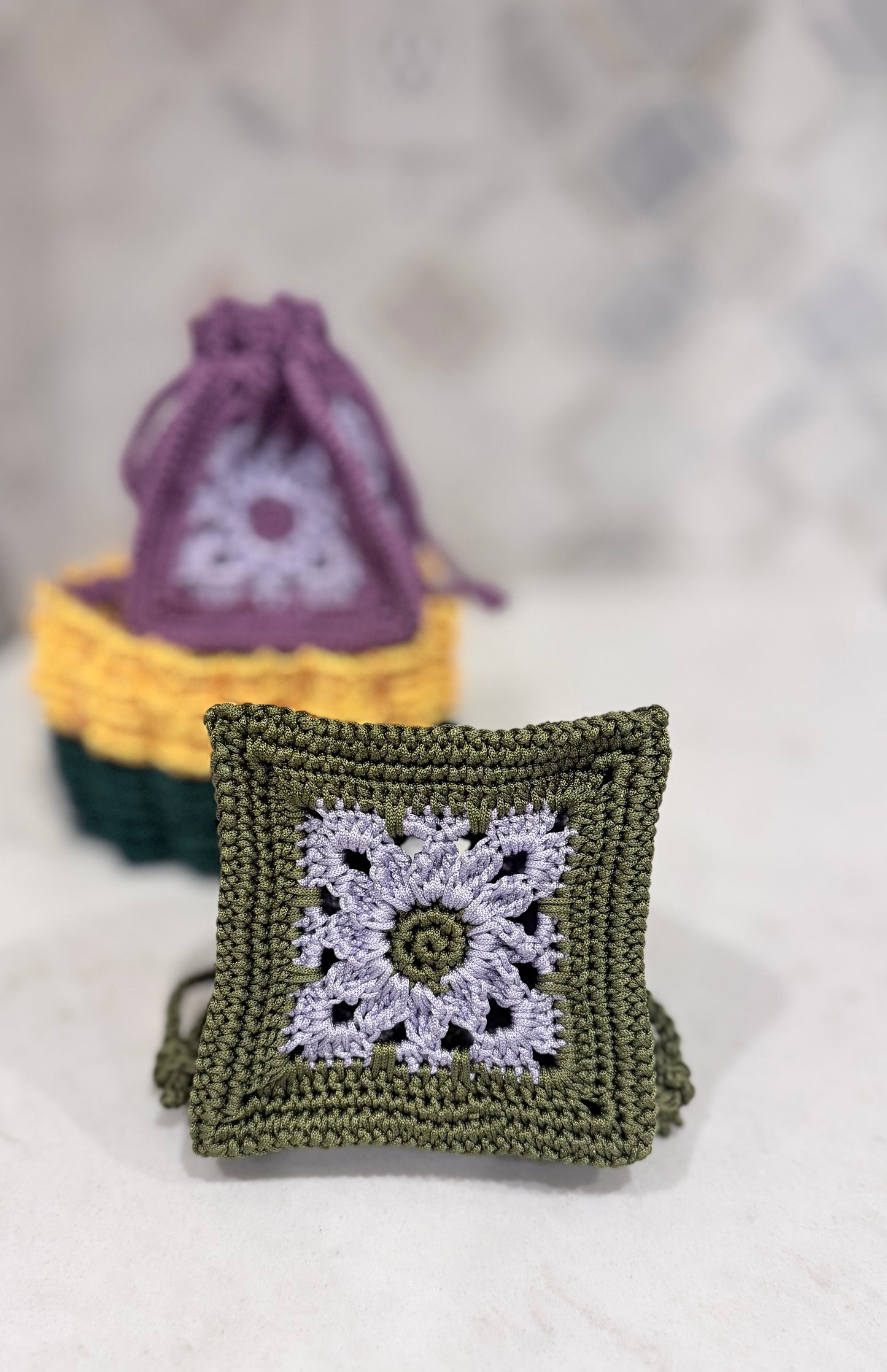 Crocheted Mini Drawstring Pouch in Purple and Olive Green