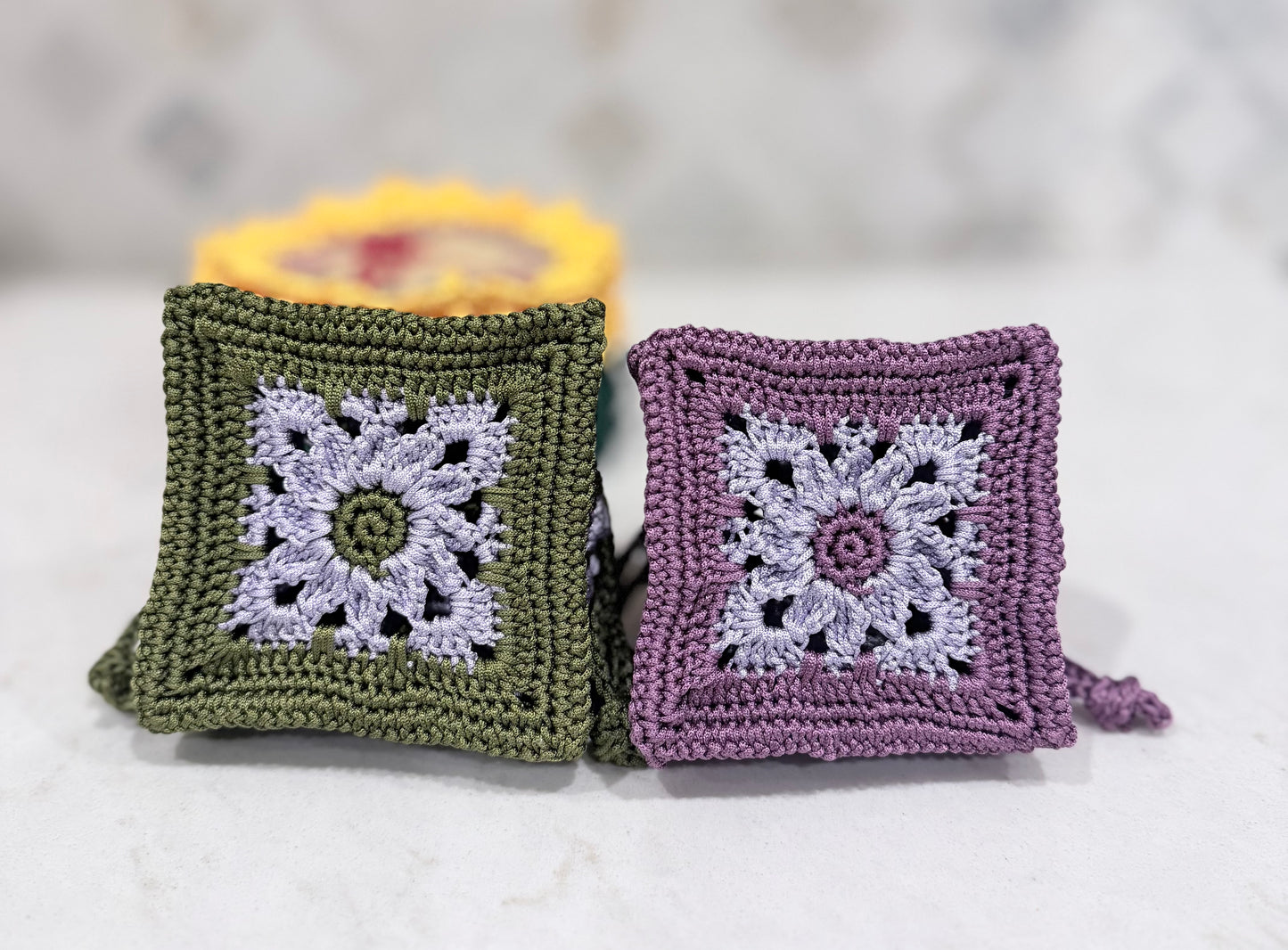 Crocheted Mini Drawstring Pouch in Shades of Purple