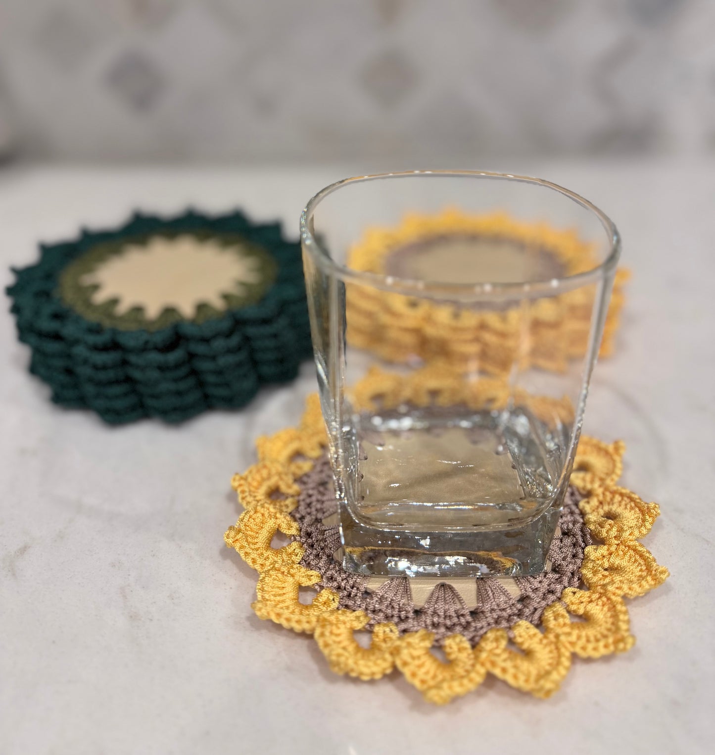 Crochet Flower Coaster (6 coaster/set) - Yellow and Green