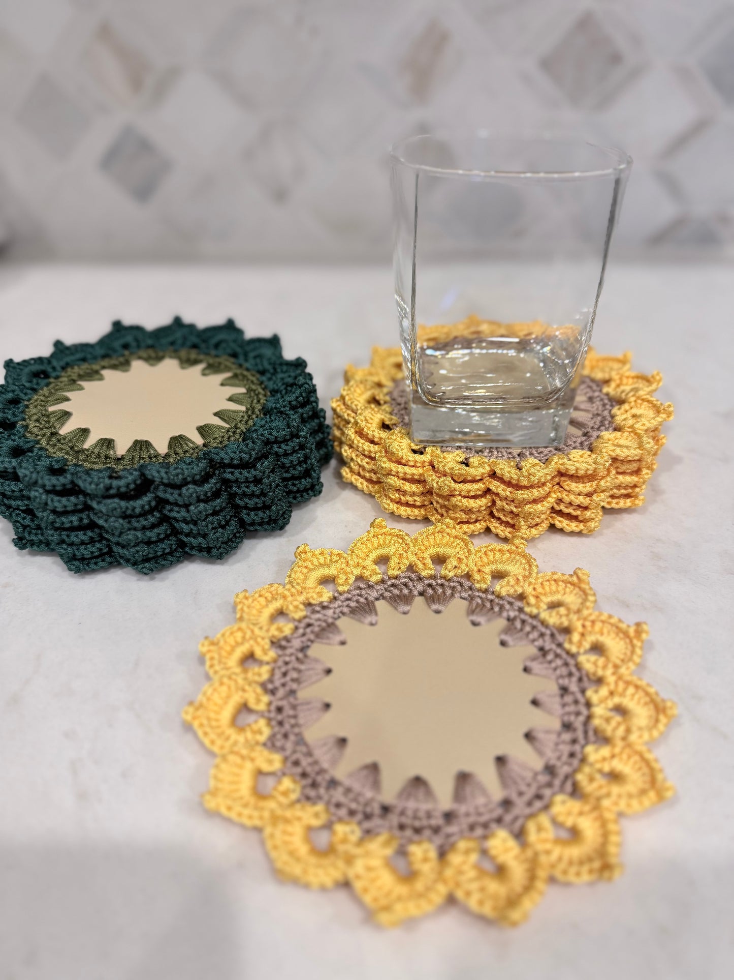 Crochet Flower Coaster (6 coaster/set) - Yellow and Green