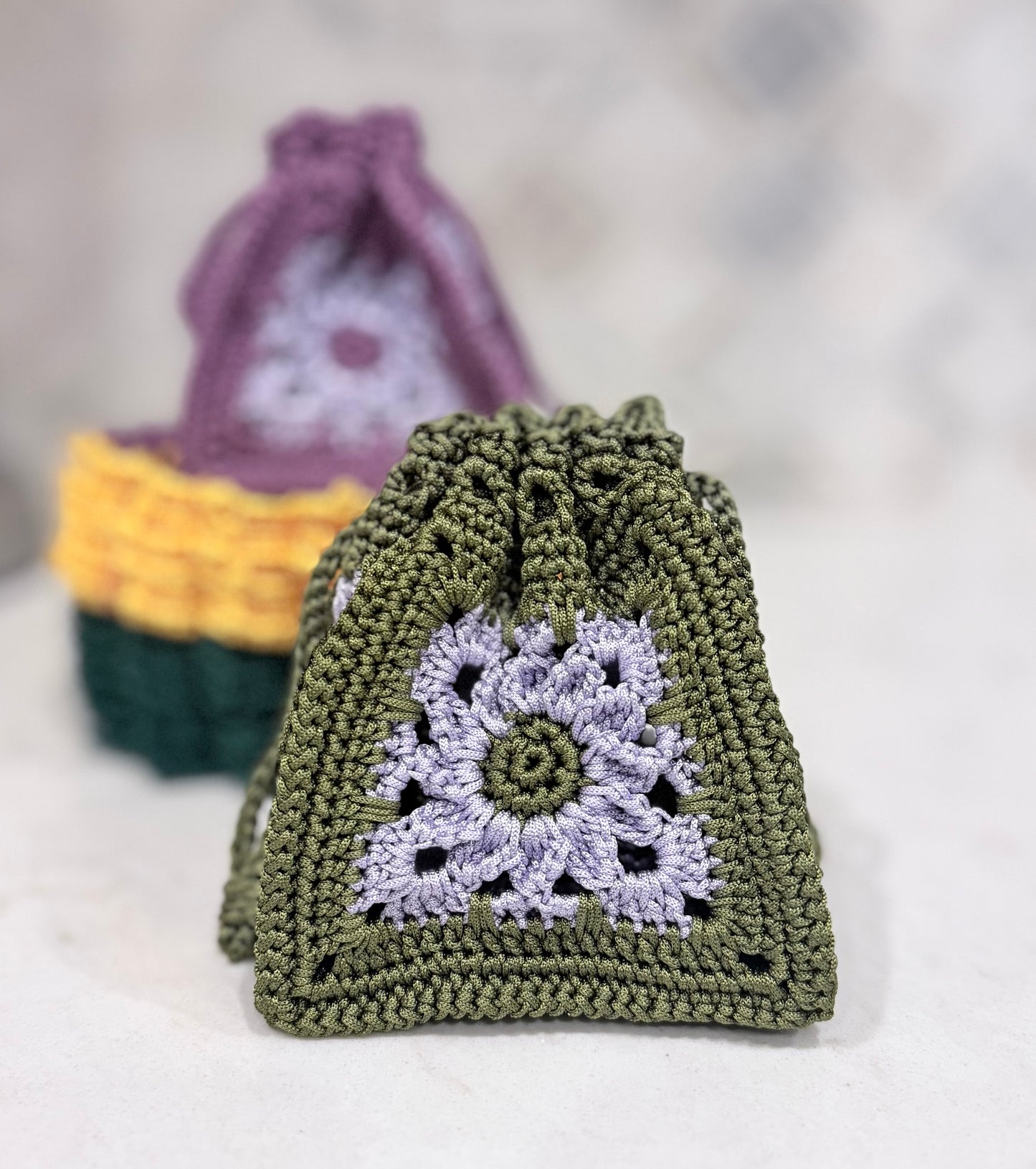 Crocheted Mini Drawstring Pouch in Purple and Olive Green
