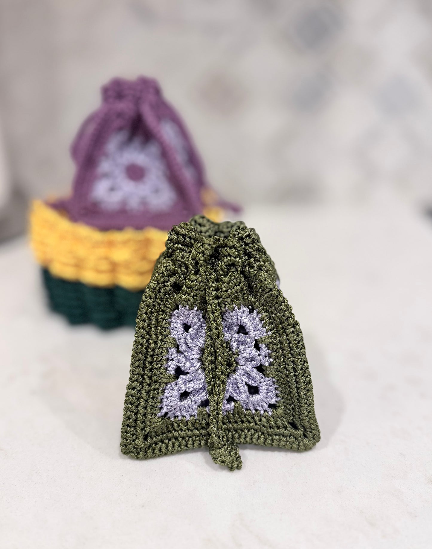 Crocheted Mini Drawstring Pouch in Purple and Olive Green