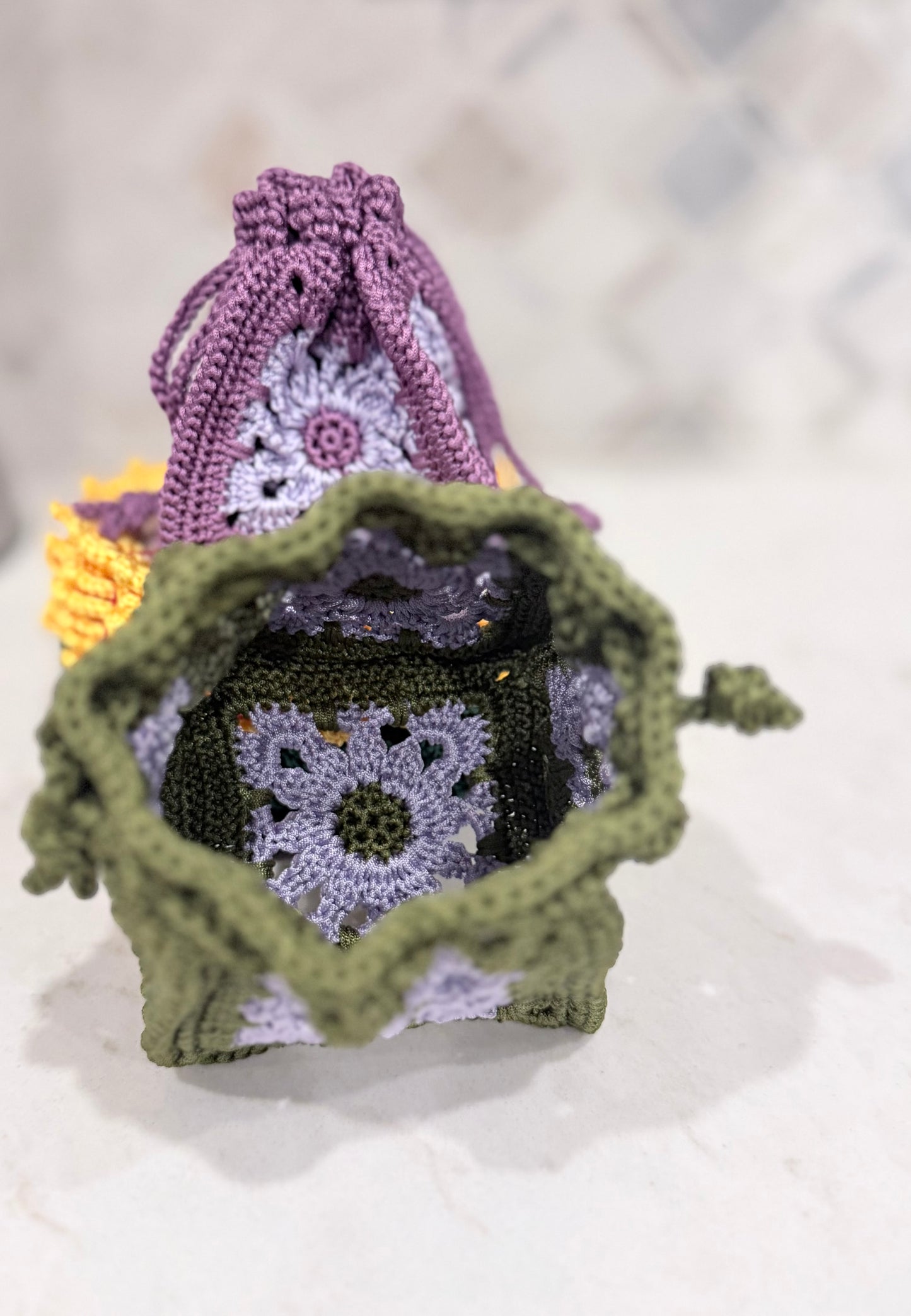 Crocheted Mini Drawstring Pouch in Purple and Olive Green
