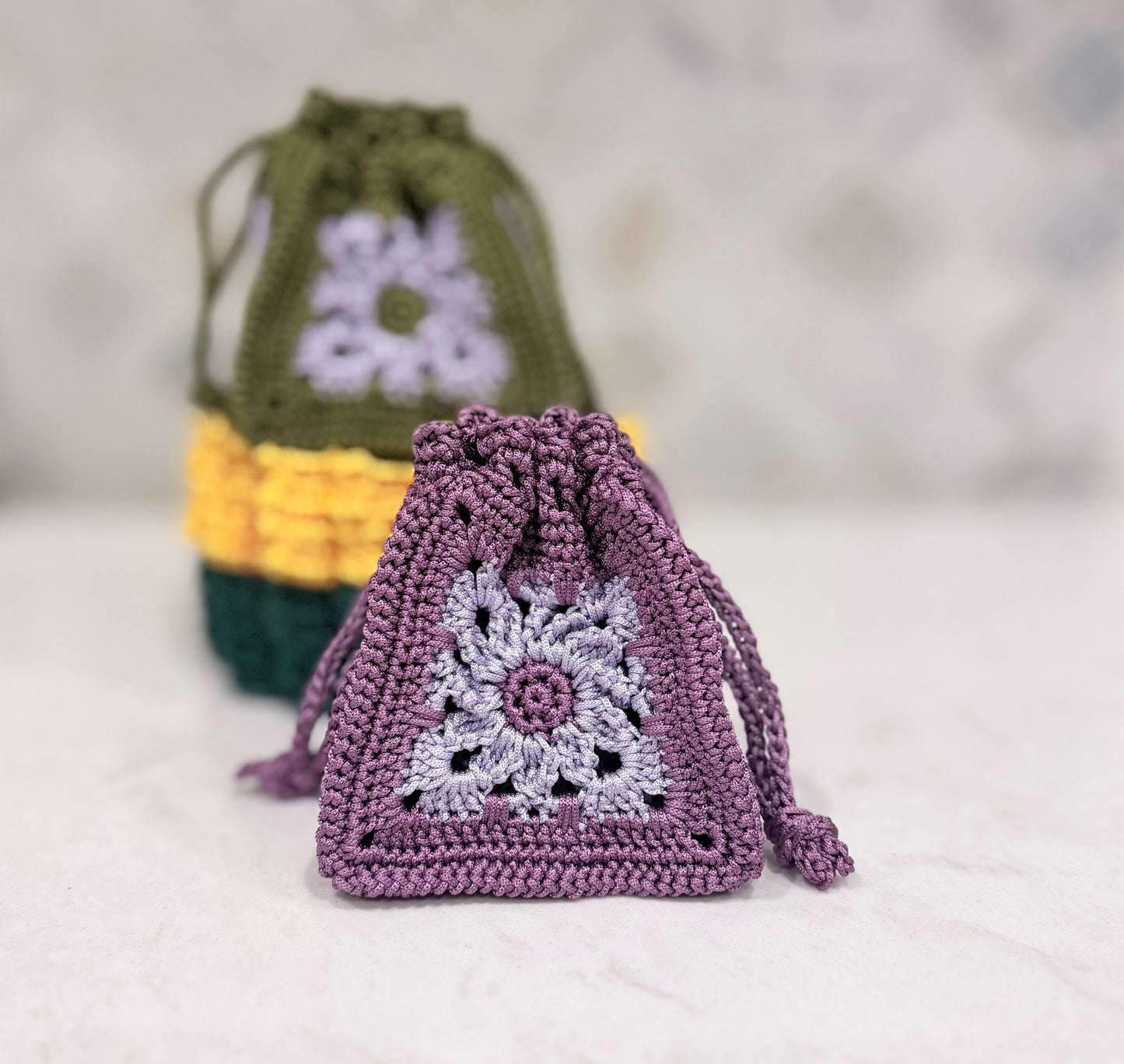 Crocheted Mini Drawstring Pouch in Shades of Purple