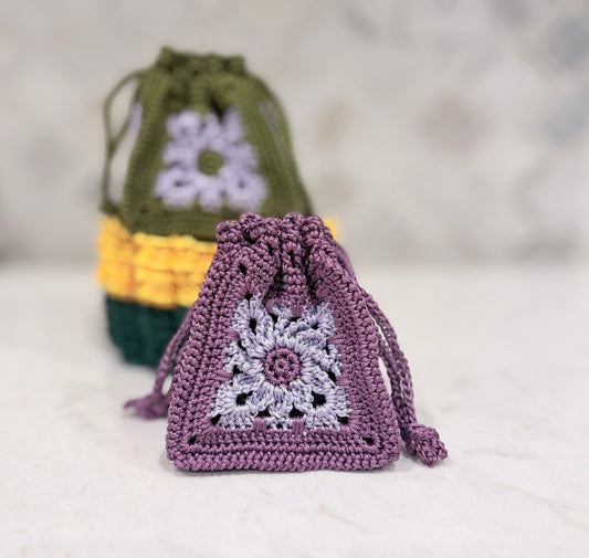Crocheted Mini Drawstring Pouch in Shades of Purple