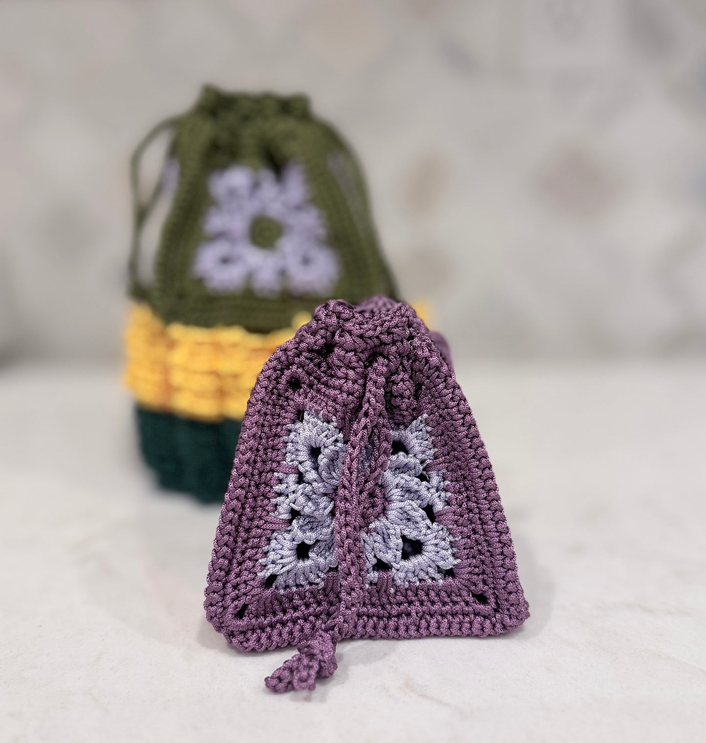 Crocheted Mini Drawstring Pouch in Shades of Purple