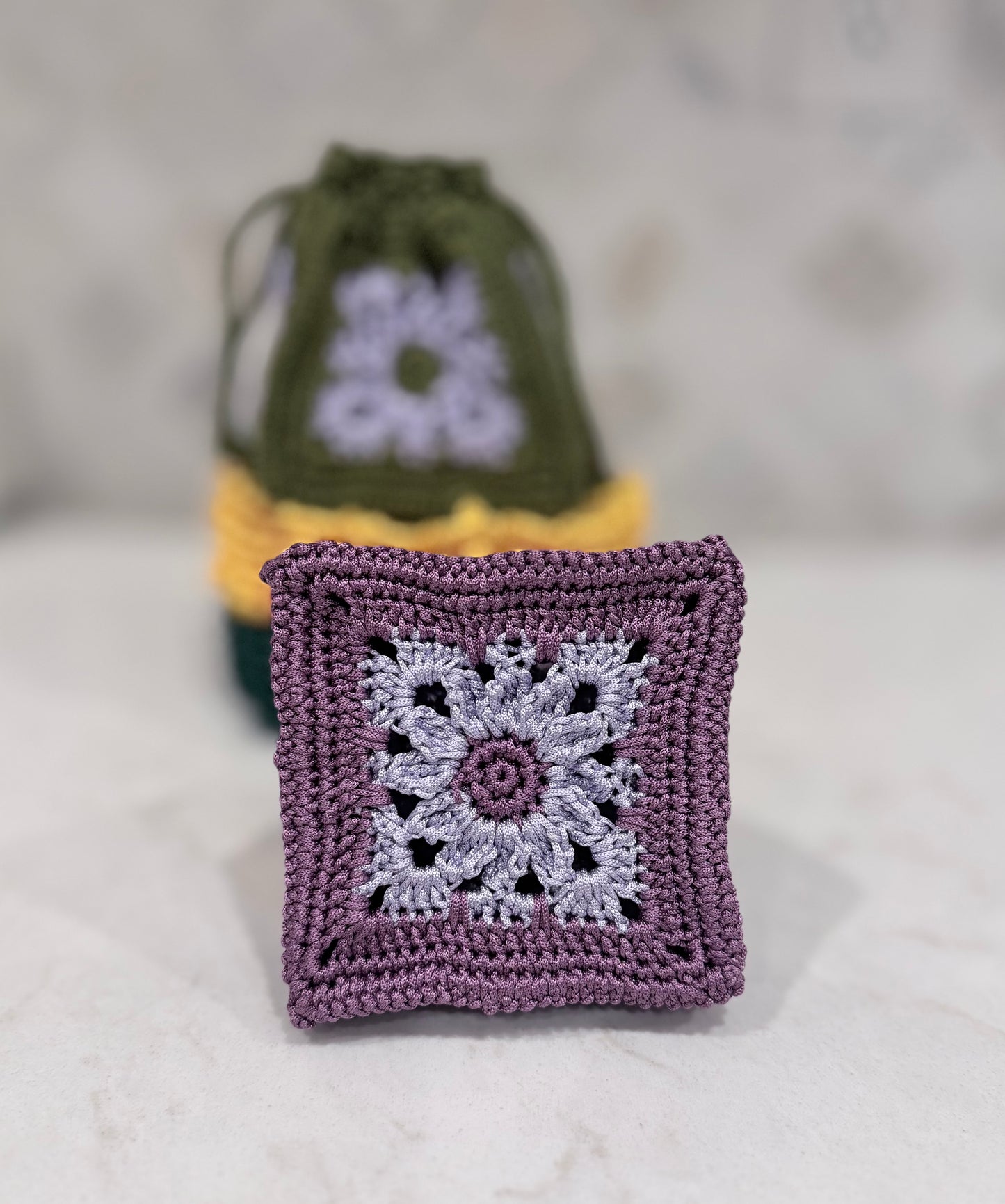 Crocheted Mini Drawstring Pouch in Shades of Purple