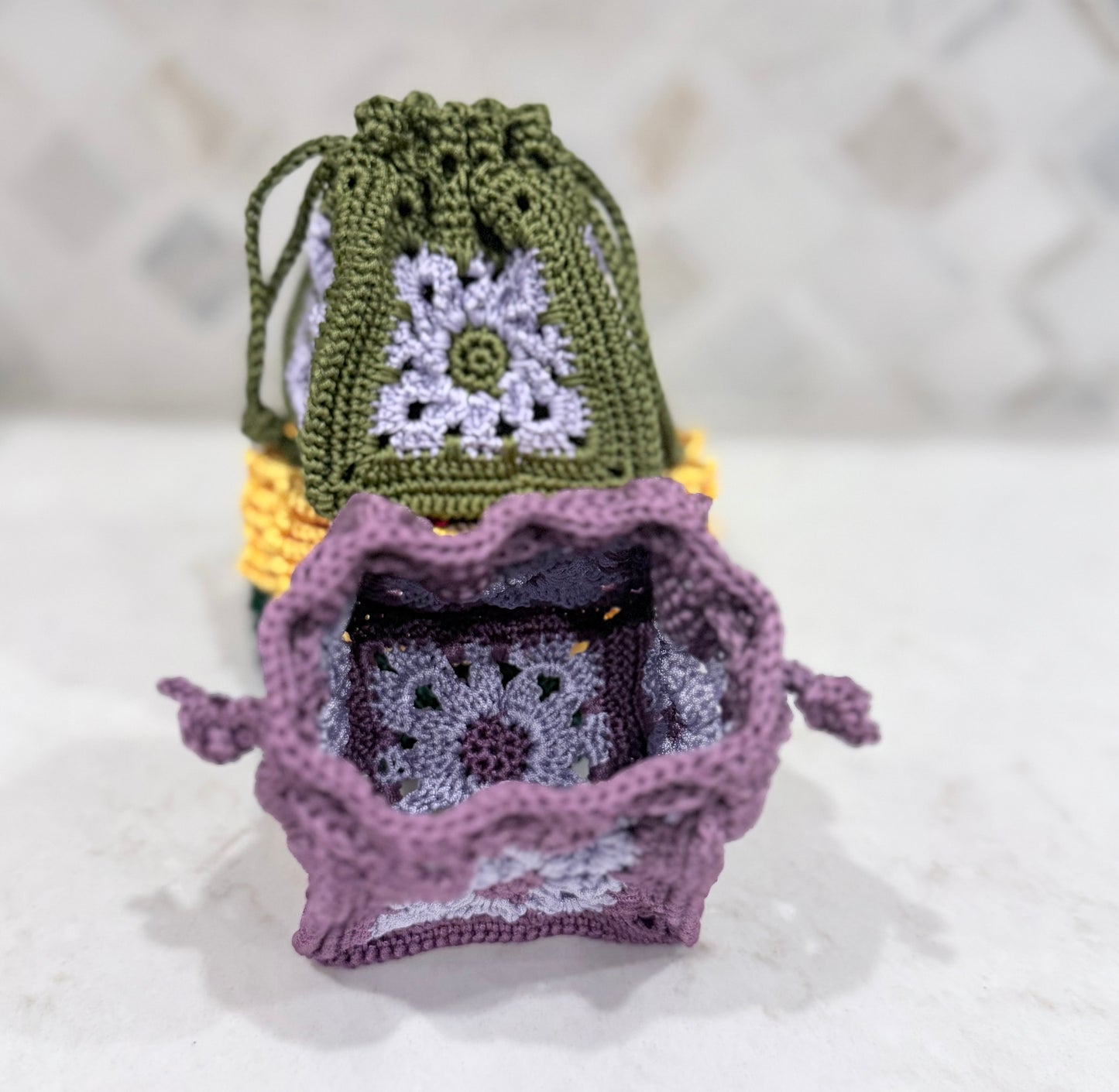 Crocheted Mini Drawstring Pouch in Shades of Purple